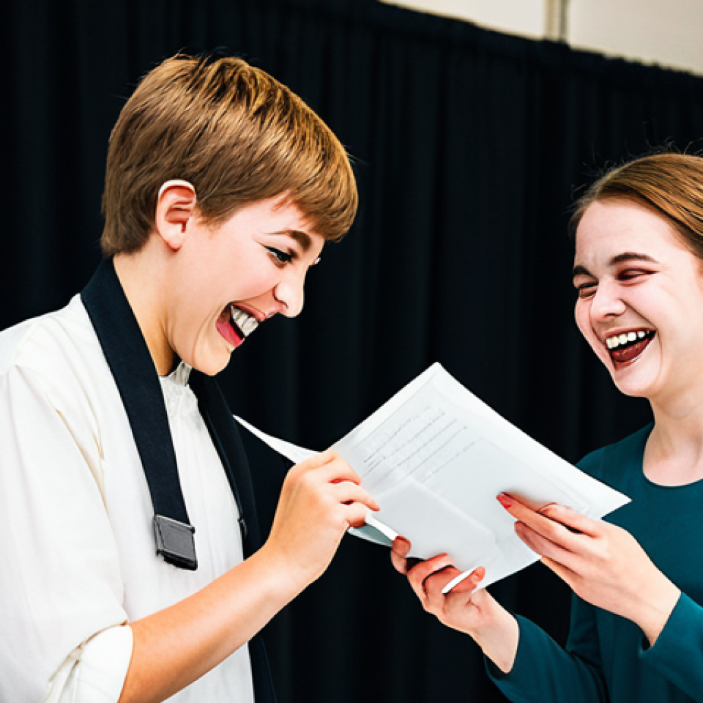 Backstage Camaraderie**
Prompt: "Backstage at a regional acting competition, two young, fully clothed actors in modest clothing are laughing and sharing a script, appropriate attire, safe for work, perfect anatomy, natural proportions, well-formed hands, professional photography, bright lighting, family-friendly, learning from fellow performers, supportive atmosphere, stage makeup visible, positive energy."
**