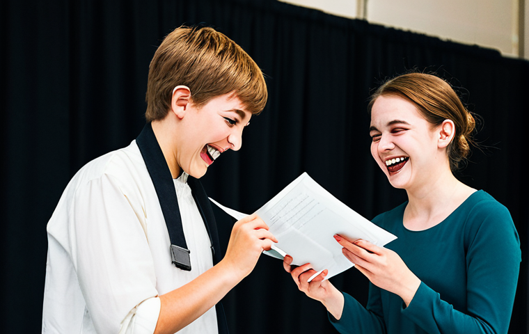 Backstage Camaraderie**
Prompt: "Backstage at a regional acting competition, two young, fully clothed actors in modest clothing are laughing and sharing a script, appropriate attire, safe for work, perfect anatomy, natural proportions, well-formed hands, professional photography, bright lighting, family-friendly, learning from fellow performers, supportive atmosphere, stage makeup visible, positive energy."
**
