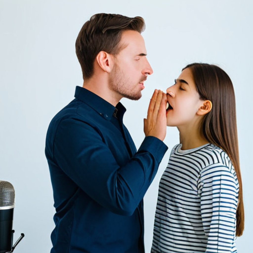 The Vocal Coach**
A professional vocal coach in a well-lit recording studio, demonstrating proper breathing techniques to a student, fully clothed in modest attire, safe for work, appropriate content, professional setting, perfect anatomy, correct proportions, well-formed hands, natural pose, family-friendly.
**