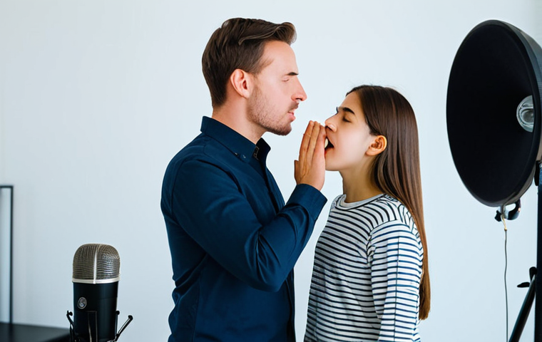 The Vocal Coach**
A professional vocal coach in a well-lit recording studio, demonstrating proper breathing techniques to a student, fully clothed in modest attire, safe for work, appropriate content, professional setting, perfect anatomy, correct proportions, well-formed hands, natural pose, family-friendly.
**