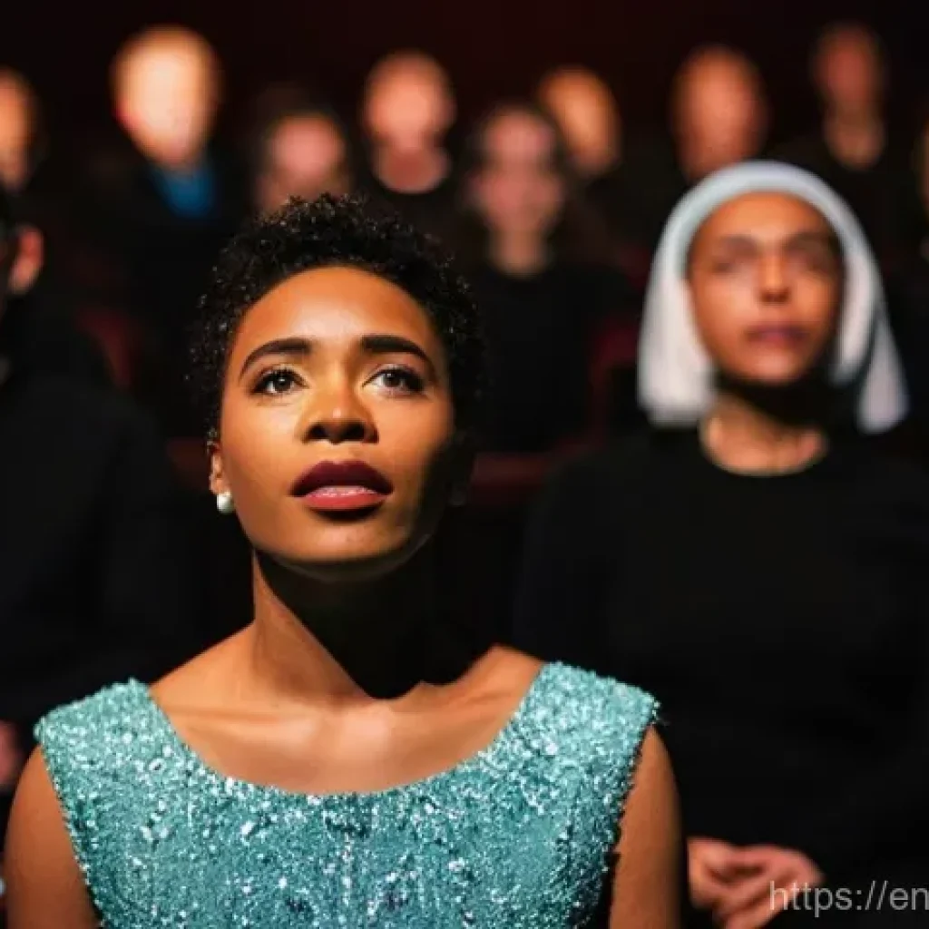 연극배우와 평론가의 관계 - **Prompt:** A solo performer, perhaps a singer or an actor, stands gracefully center stage in a diml...