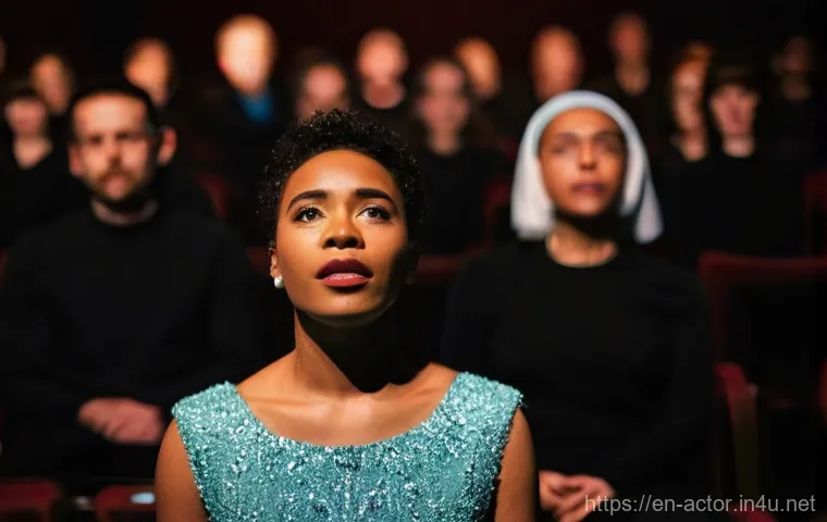 연극배우와 평론가의 관계 - **Prompt:** A solo performer, perhaps a singer or an actor, stands gracefully center stage in a diml...