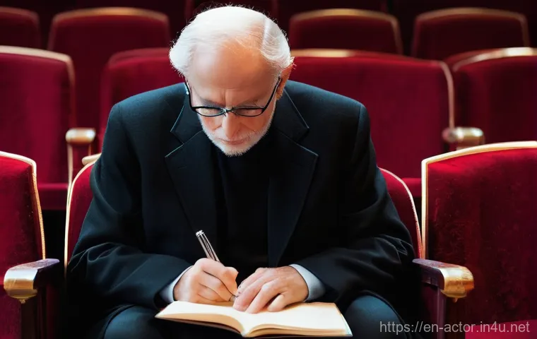 연극배우와 평론가의 관계 - **Prompt:** A solo performer, perhaps a singer or an actor, stands gracefully center stage in a diml...