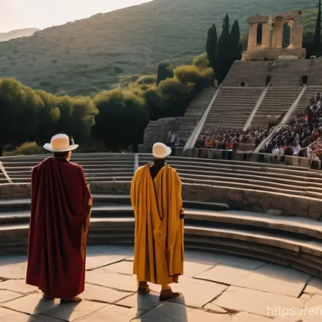 연극배우의 연극사 연구 - **Ancient Greek Dionysian Festival**
A wide shot of a bustling ancient Greek amphitheater during...