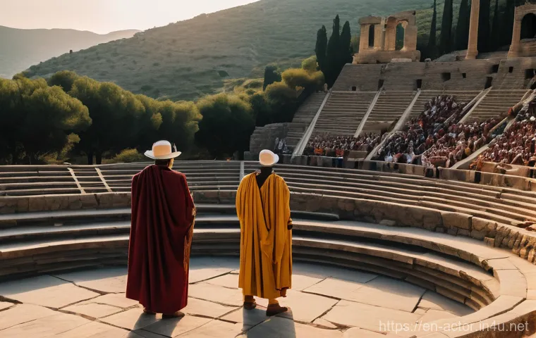 연극배우의 연극사 연구 - **Ancient Greek Dionysian Festival**
A wide shot of a bustling ancient Greek amphitheater during...