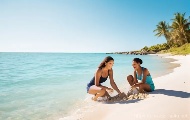 연극배우와 영화 연기 차이 - **Prompt 1:** A vibrant, sun-drenched beach scene featuring a diverse group of friends in their earl...