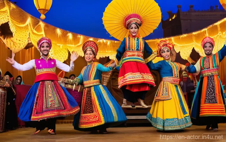 연극배우와 문화 다양성 연극 - **Prompt:** A vibrant, immersive theatrical performance set on a stage designed to resemble a bustli...