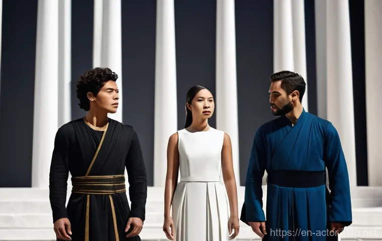 연극배우와 문화 다양성 연극 - **Prompt:** A vibrant, immersive theatrical performance set on a stage designed to resemble a bustli...