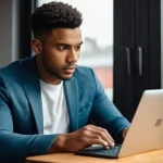 Home 8 연극배우의 커리어 개발 - A focused and determined young actor, dressed in smart casual attire (such as a blazer over a t-shir...