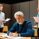 Home 18 연극배우의 공연 스케줄 관리 - A dynamic theater rehearsal scene capturing a diverse group of actors intensely focused on their scr...