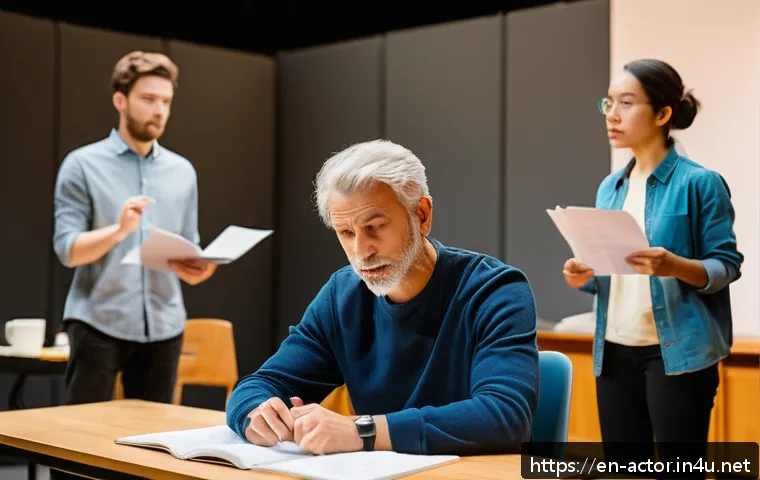 연극배우의 공연 스케줄 관리 - A dynamic theater rehearsal scene capturing a diverse group of actors intensely focused on their scr...
