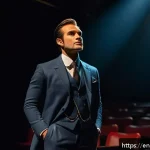 Home 23 연극배우의 실전 연기 팁 - A confident stage actor standing center stage under a warm spotlight, dressed in elegant, fitted sta...