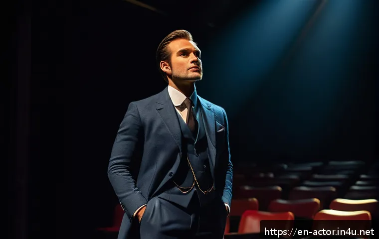 연극배우의 실전 연기 팁 - A confident stage actor standing center stage under a warm spotlight, dressed in elegant, fitted sta...