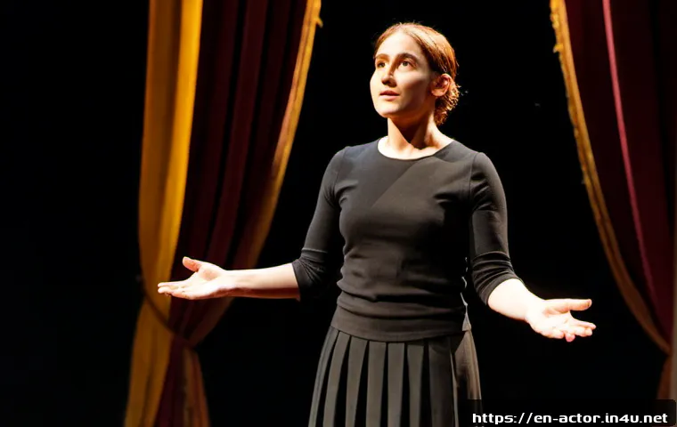 Home 17 연극배우의 스토리텔링 기술 - Photorealistic theater actor in a modest black rehearsal outfit standing alone on a warm spotlighted...
