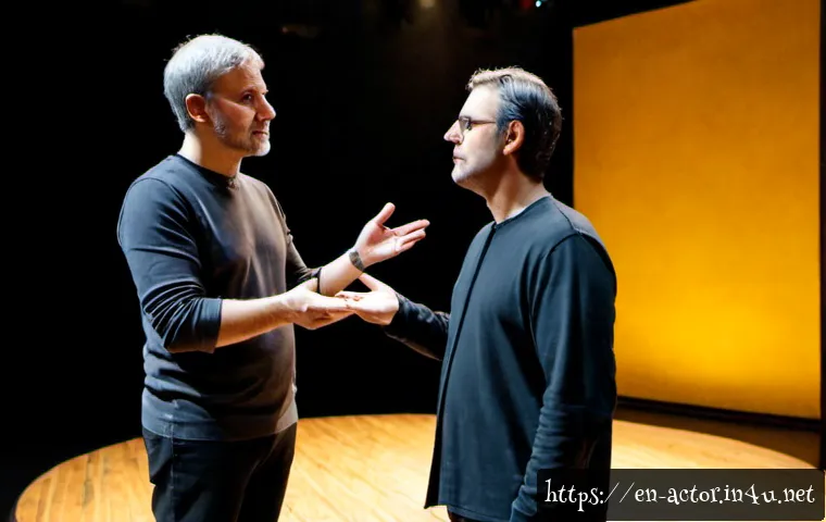 연극배우와 연출자의 협업 - Photorealistic theater rehearsal collaboration, a middle-aged stage director in casual dark clothing...