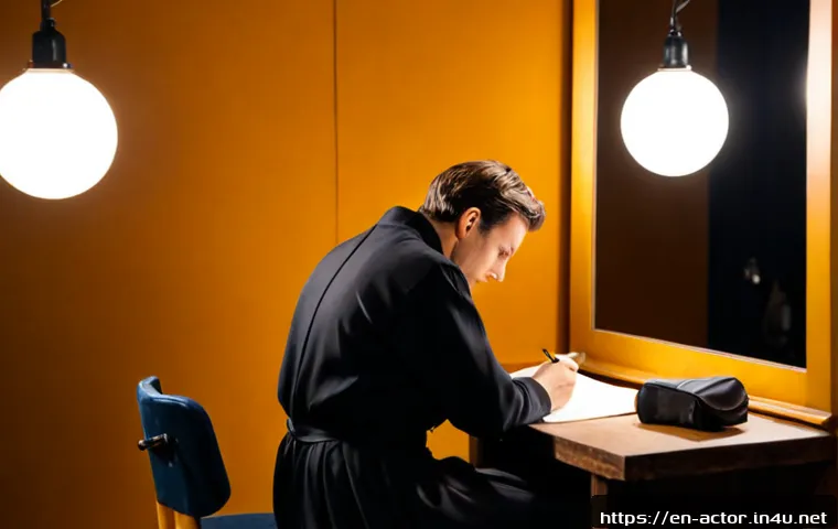 연극배우와 캐릭터 창조 과정 - Photorealistic theater actor creating a character in a quiet backstage dressing room, seated before ...