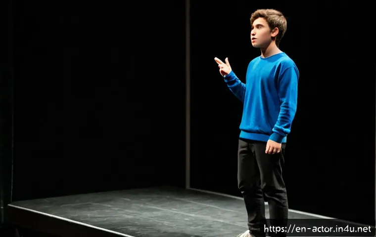 연극배우 실기시험 준비법 - Photorealistic theatrical audition preparation scene, a focused young adult actor standing alone on ...