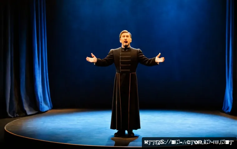 연극배우의 무대 장면 구성 - Photorealistic theater actor delivering a dramatic monologue at center stage, tailored charcoal cost...